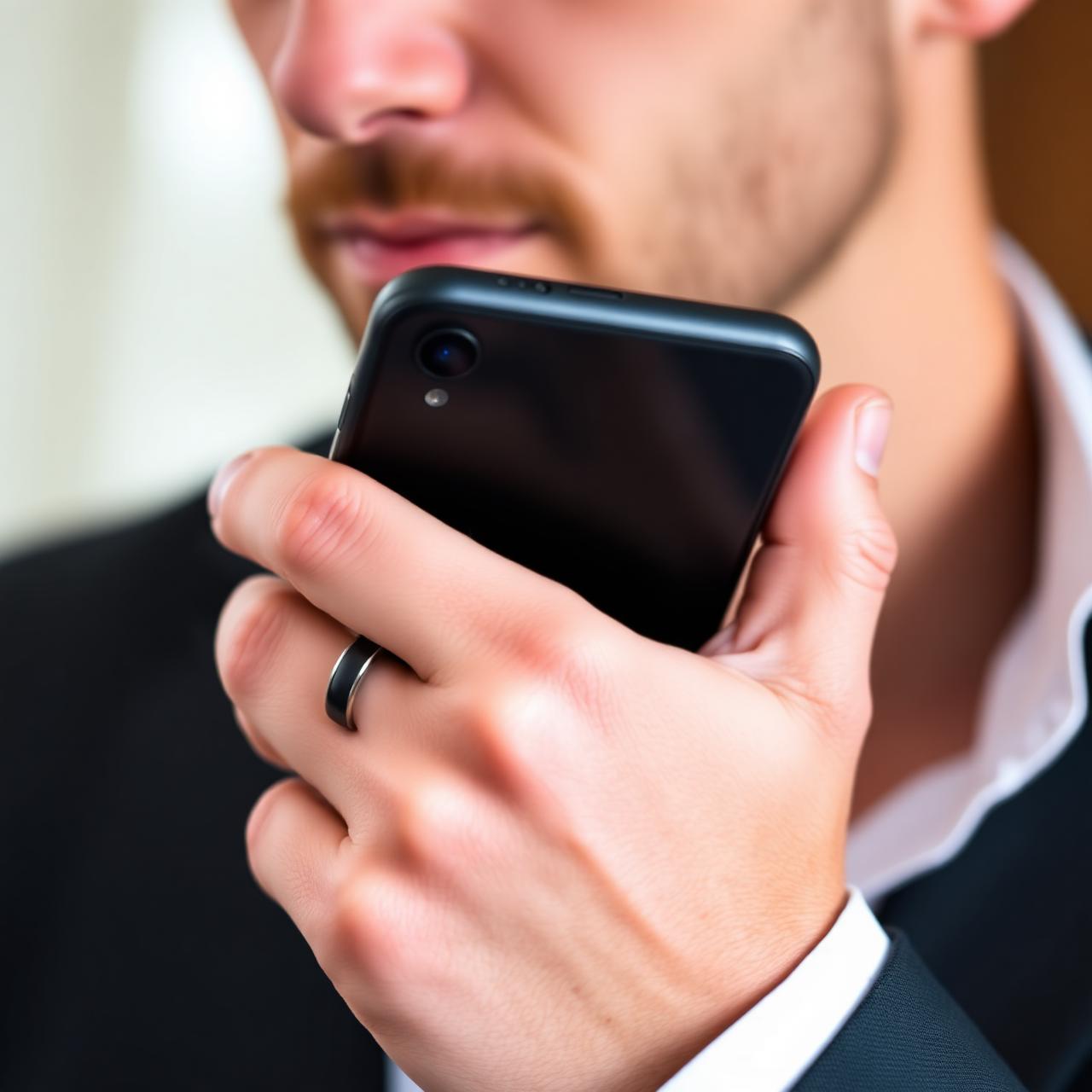 Man wearing a black tungsten TROY wedding band